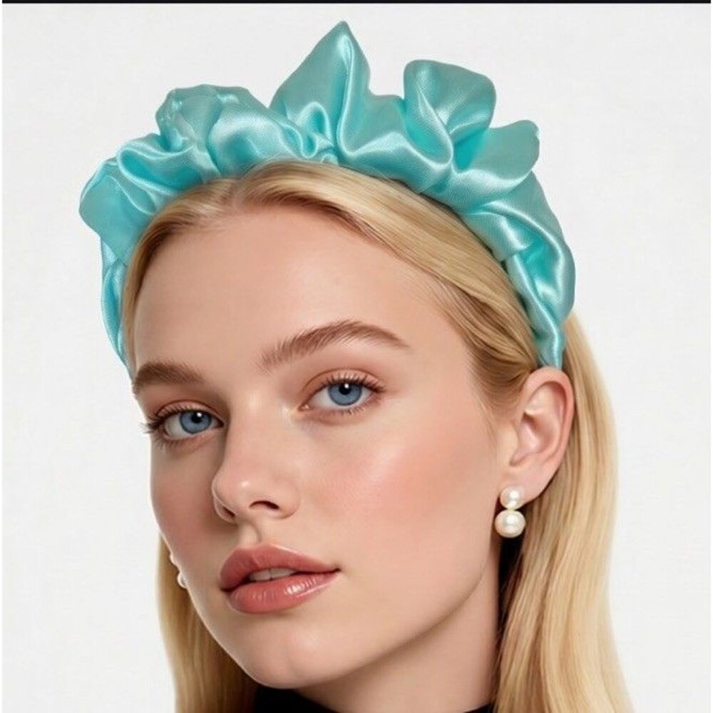 Blue Satin Headband wrap scrunched For Women’s And Girls Pleated design - Picture 9 of 12
